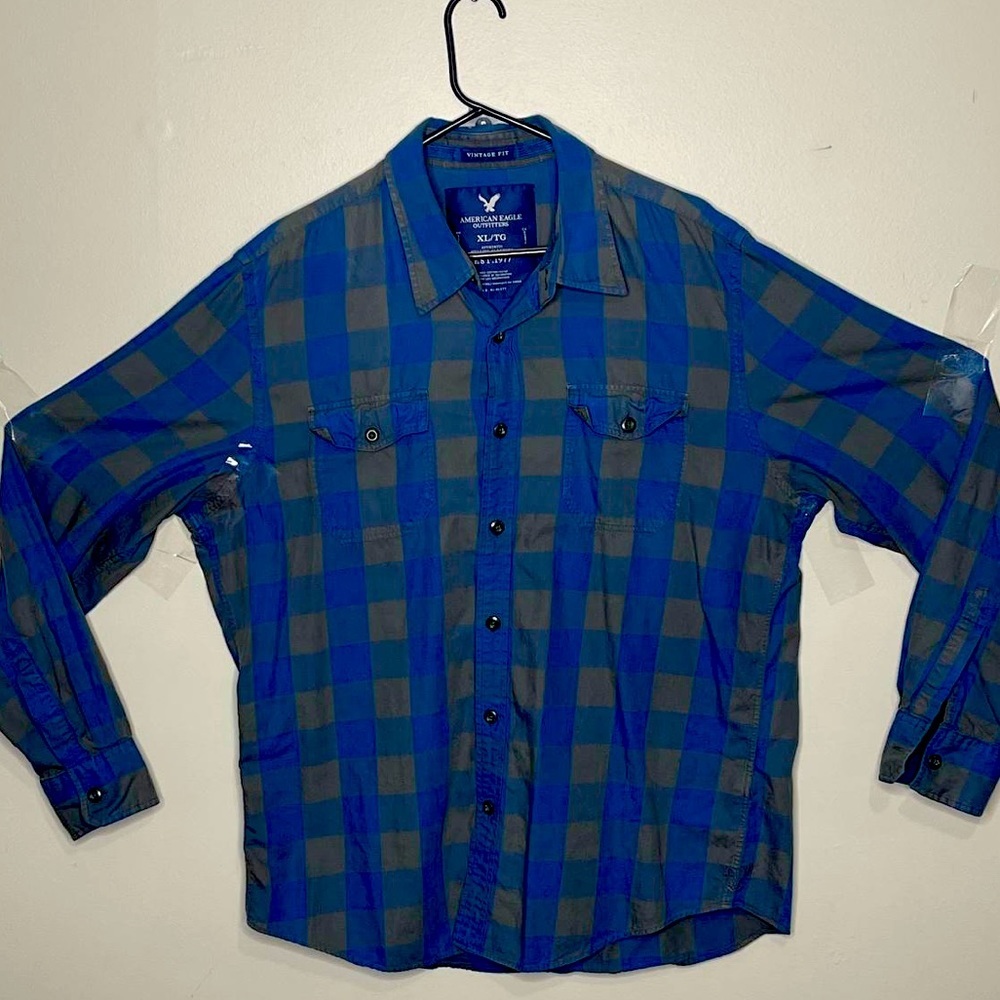 American Eagle‎ Men's XL Checked Plaid Vintage Fit Snap Shirt blue gray black
